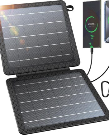 10W Portable Solar Charger(5V/2A Max), ll Foldable Solar Panel with USB-C USB-A Outputs Compatible with Cell Phone Tablet, IPX4 Waterproof for Camping, Hiking, Backpacking