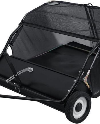 44-Inch Tow Behind Lawn Sweeper, Heavy Duty Yard Sweeper with Dumping Rope Rubber Wheels, Adjustable Sweeping Height Large Capacity Leaf Grass Collector (Black)