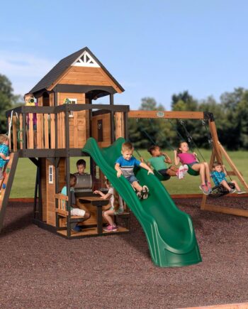 Backyard Discovery Canyon Creek Cedar Wood Swing Set with Wave Slide, Clubhouse, Play Kitchen, Picnic Area, Belt Swings, Web Swing, Rock Wall, Balconies, Playhouse, Step Ladder, Outdoor Playset