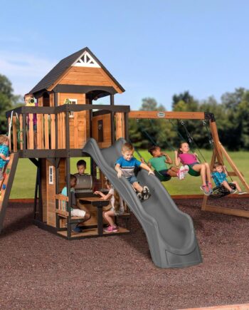 Backyard Discovery Canyon Creek Cedar Wood Swing Set with Wave Slide, Clubhouse, Play Kitchen, Picnic Area, Belt Swings, Web Swing, Rock Wall, Balconies, Playhouse, Step Ladder, Outdoor Playset