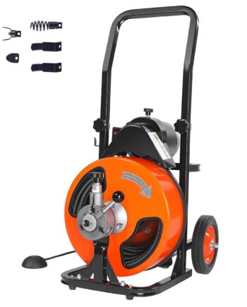 Drain cleaning machine, 100 feet x 3/8 inch, automatic feed sewer cleaning machine, with 4 cutters and pneumatic activated foot switch for drain cleaning, suitable for pipes ranging from 2 inches to 4 inches.