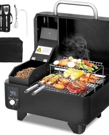 Portable Wood Pellet Grill and Smoker,Electric Outdoor 8 in 1 Tabletop Grills for RV Camping Tailgating RV Cooking BBQ, Intelligent Temperature Control and Superheated Steam Technology