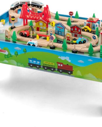 The dual-function wooden children's activity table with storage function, featuring 100 colorful components, tracks, trains, and cars, is a children's train table set suitable for children aged 3 and above. It has a flip-up tabletop and is a gift for