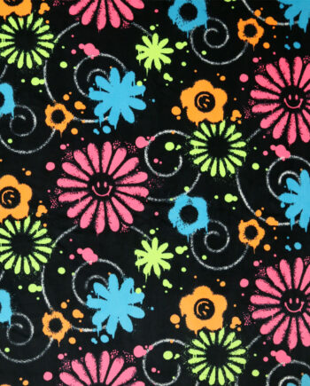 Neon Floral Swirls on Black Pure Plush Fleece Fabric