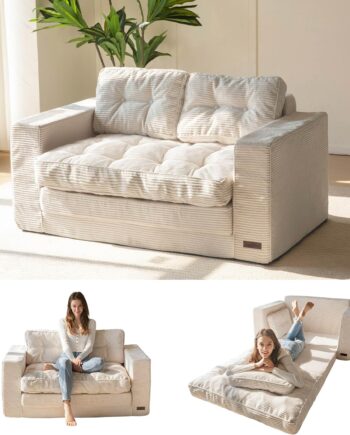 Convertible sofa bed, pull-out double rest sofa, two-in-one folding sofa bed for living room and bedroom, adult padded lounge chair, beige model