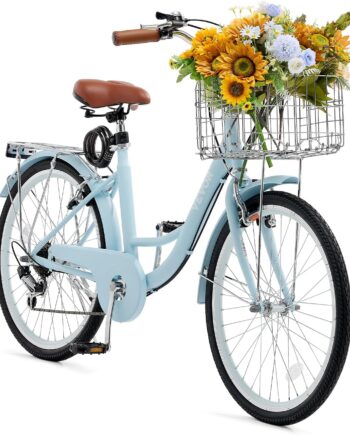 The beach cruise bicycle is equipped with large capacity baskets and a rear support. It is safe and stable, with an adjustable seat, and is suitable for cycling, exercising and shopping.