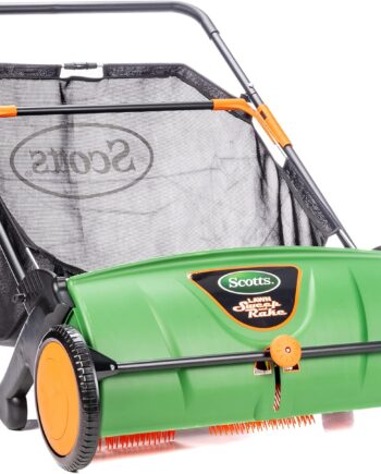 Push-type lawn sweeper, with a sweeping width of 26 inches and a dust collection bag capacity of 3.6 gallons.