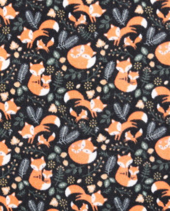 Sweet Foxes on Black Anti Pill Fleece Fabric